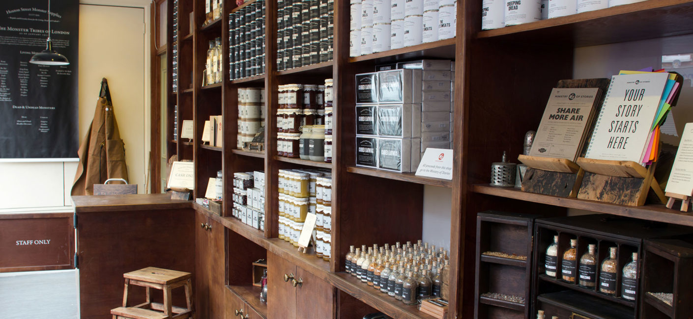 Shelves of products inside Hoxton Street Monster Supplies
