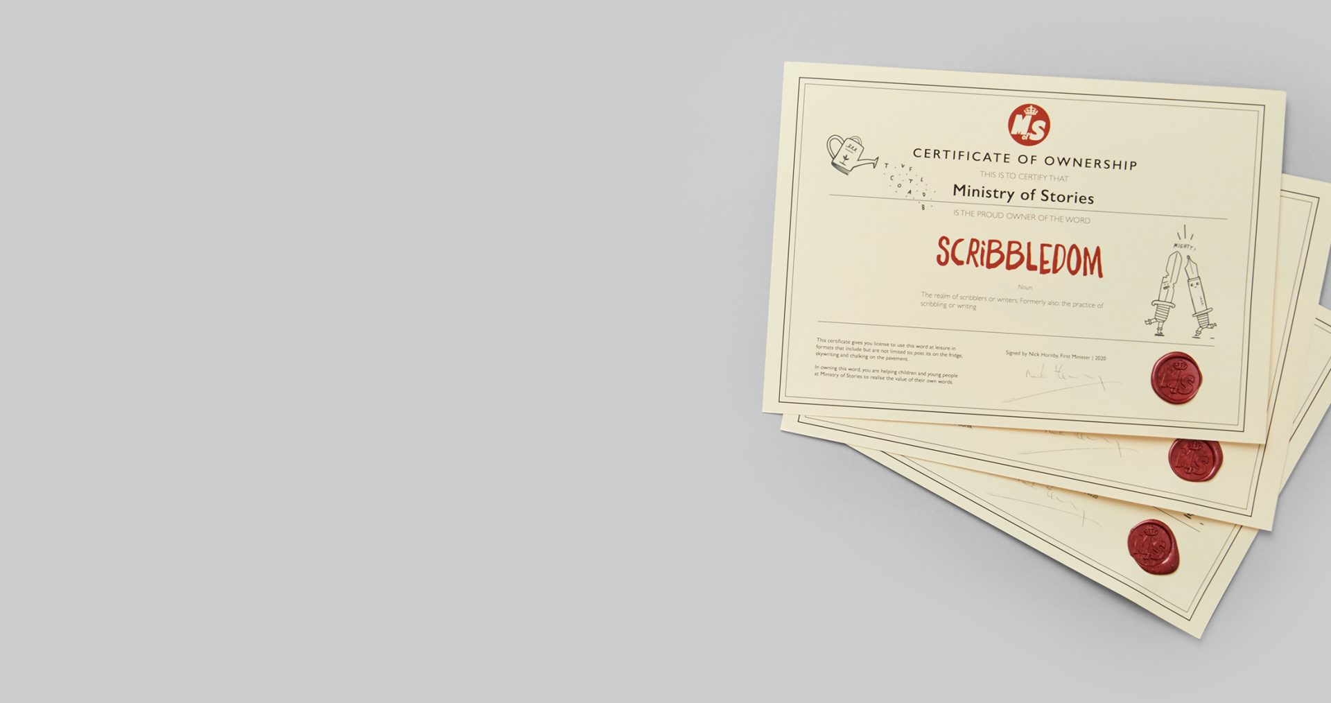 Wax sealed certificate featuring the word Scribbledom
