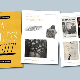 A bright yellow cover titled 'A Child's Right' with accompanying pages showing pictures from a school protest in the 70s