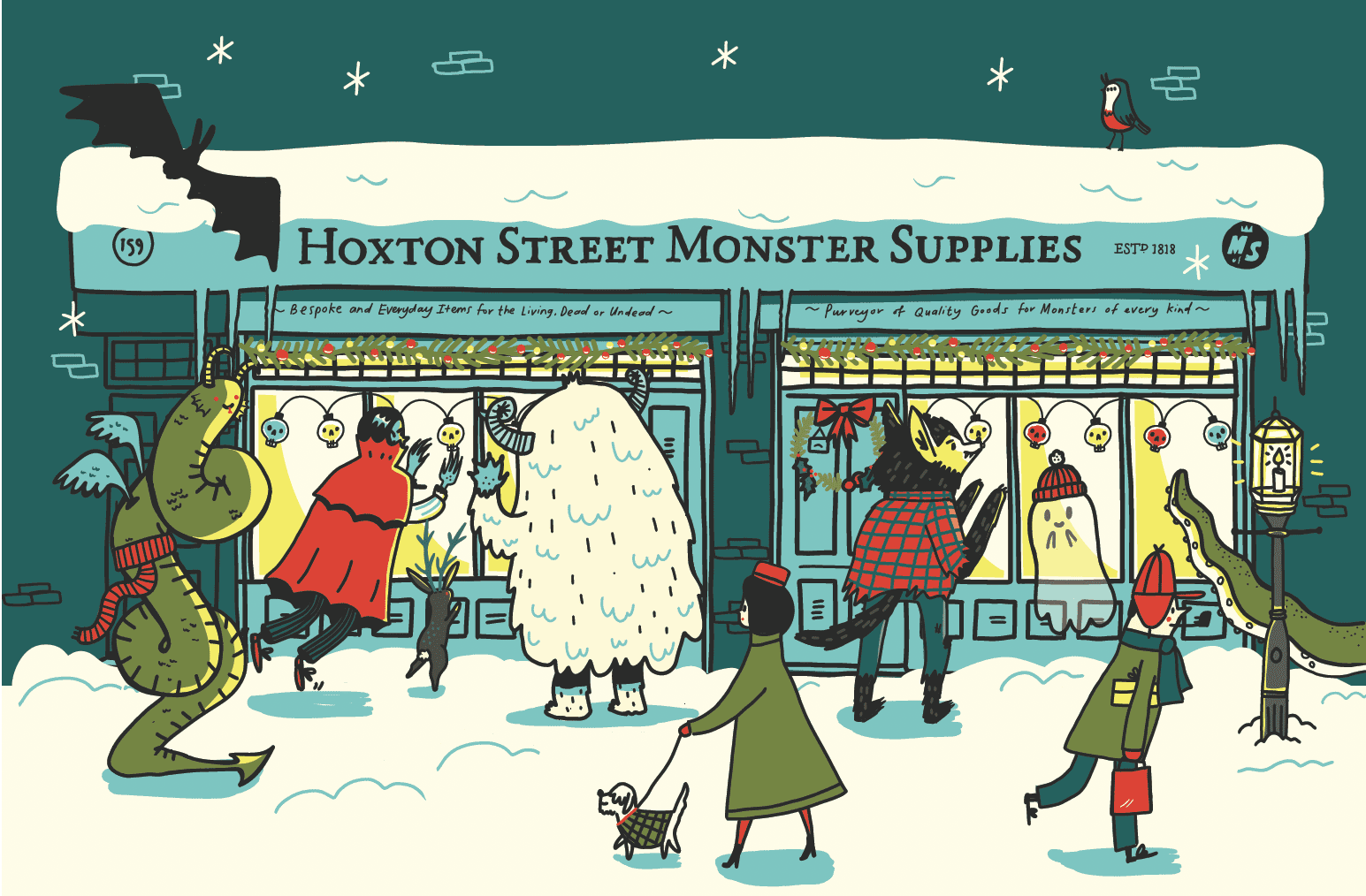 An illustration of monsters peering into Hoxton Street Monster Supplies window front. The street and shop is covered in snow and some of the monsters are wrapped up warm from the cold.