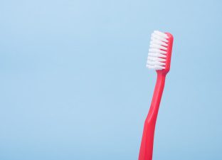 A red toothbrush with white bristles stands tall and straight against a light blue background