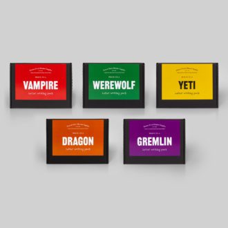 five colourful packs, the size of a letter, sit next to each other on a grey background.