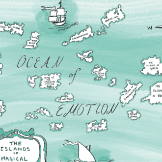 A green and white hand illustrated map, laid flat, shows small islands - floating in the Ocean of Emotion - with odd names such as 'Rotten Stink Fish' and 'Banana Split Isle'
