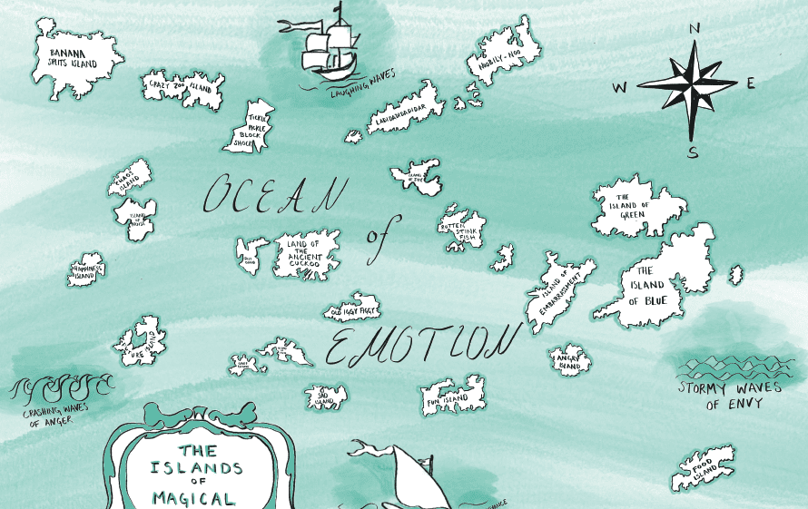 A green and white hand illustrated map, laid flat, shows small islands - floating in the Ocean of Emotion - with odd names such as 'Rotten Stink Fish' and 'Banana Split Isle'