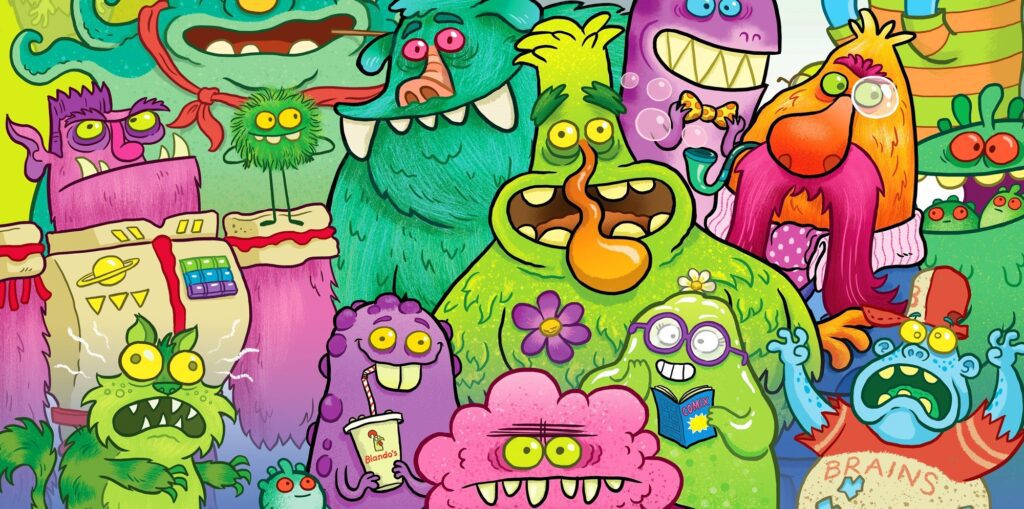An image of lots of colourful cartoon monsters and zombies, designed by Artist and Author, Aaron Blecha.
