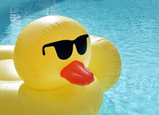 A large inflatable, yellow duck wearing sunglasses floats alone on a large blue swimming pool
