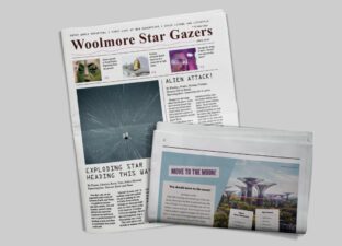 A newspaper lays on a grey background. The front cover describes a shooting star coming to earth and the back has a advert to move to the moon.