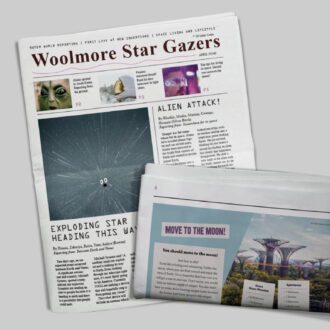 A newspaper lays on a grey background. The front cover describes a shooting star coming to earth and the back has a advert to move to the moon.