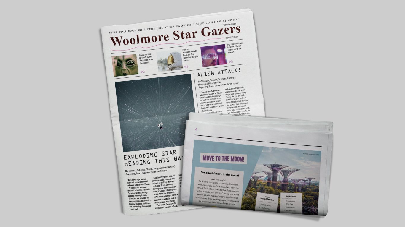 A newspaper lays on a grey background. The front cover describes a shooting star coming to earth and the back has a advert to move to the moon.