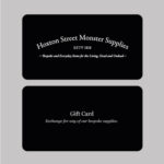 A black gift card with the monster supplies logo on it